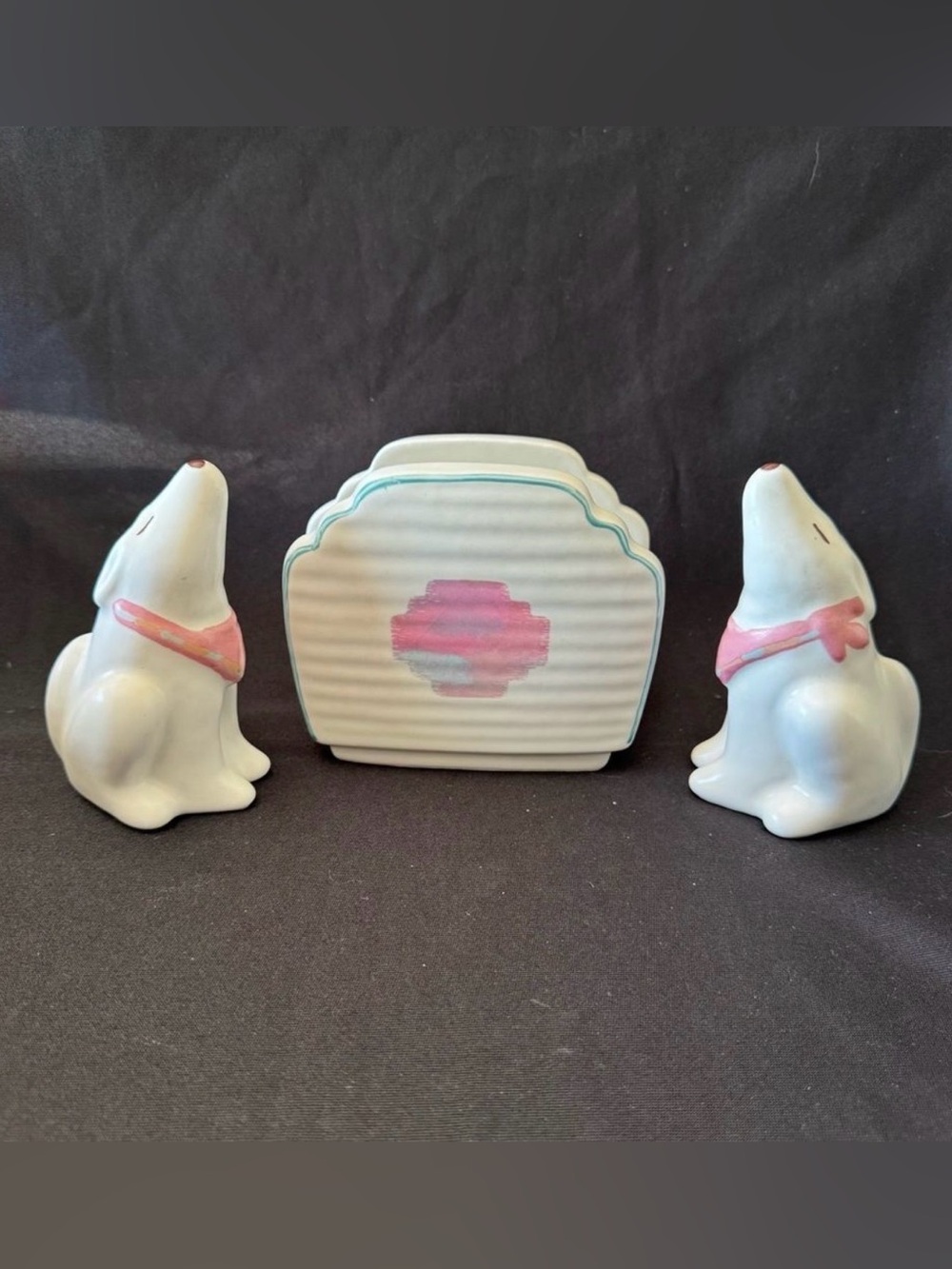 Vintage Treasure Craft Mirage Ceramic Napkin Holder, Wolf Salt & Pepper Shakers